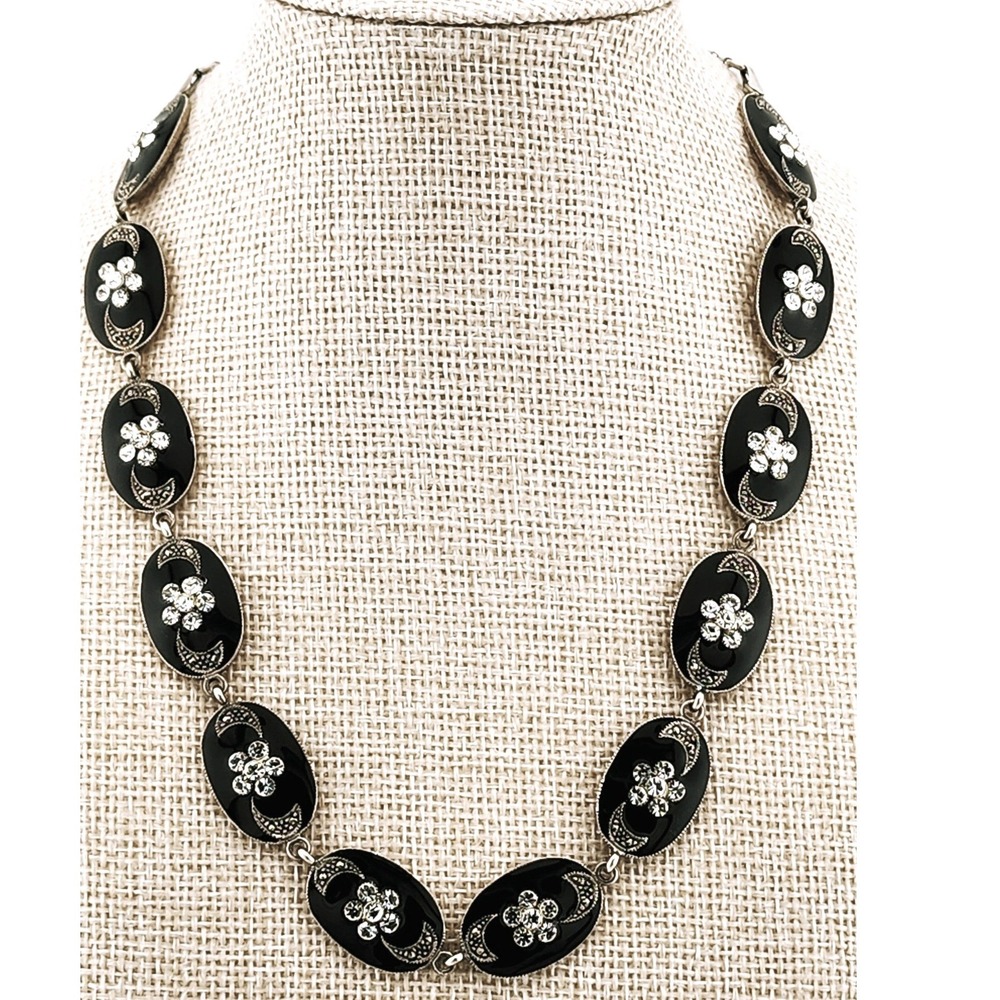 Artisan Art Deco 925 Sterling Silver Black Enamel Marcasite Flower Necklace 30"